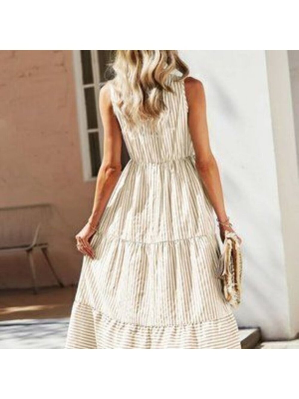 Multicolor Boho Womens Striped Print Notched Neck A-line Dress - Picture 2 of 3